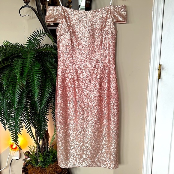 Vince Camuto Off Shoulder Coral Pink Ombre Sequin Dress Midi Sparkly Party - Picture 2 of 15